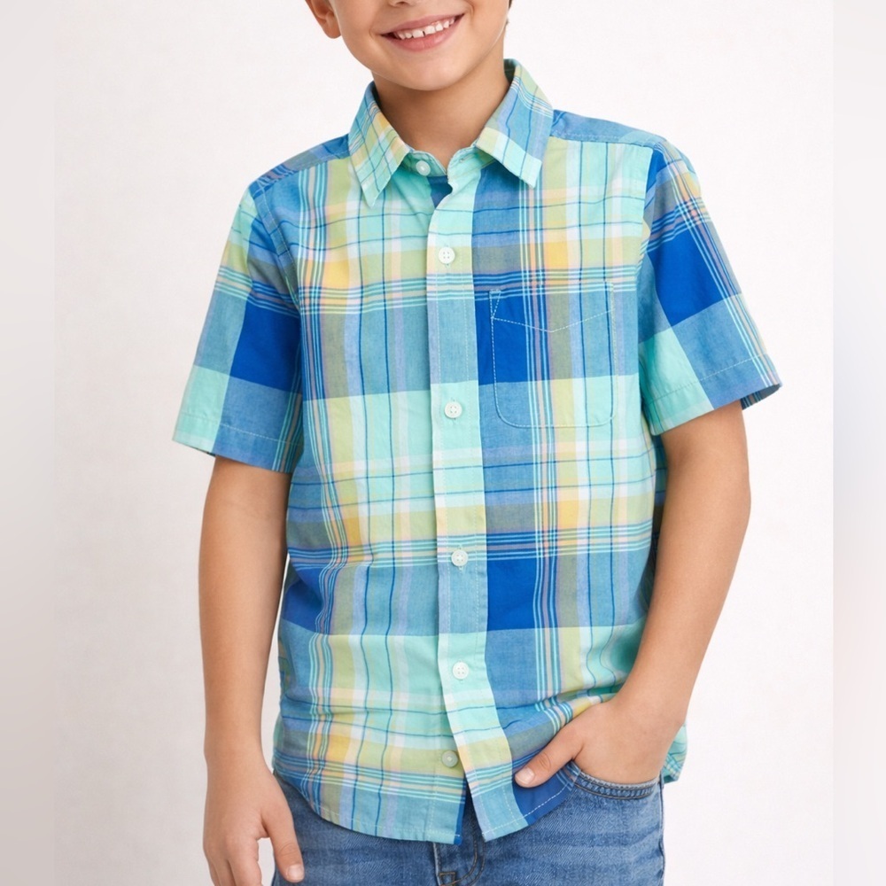 The Children's Place Boys Plaid Poplin Button Shirt-Aqua (1189)